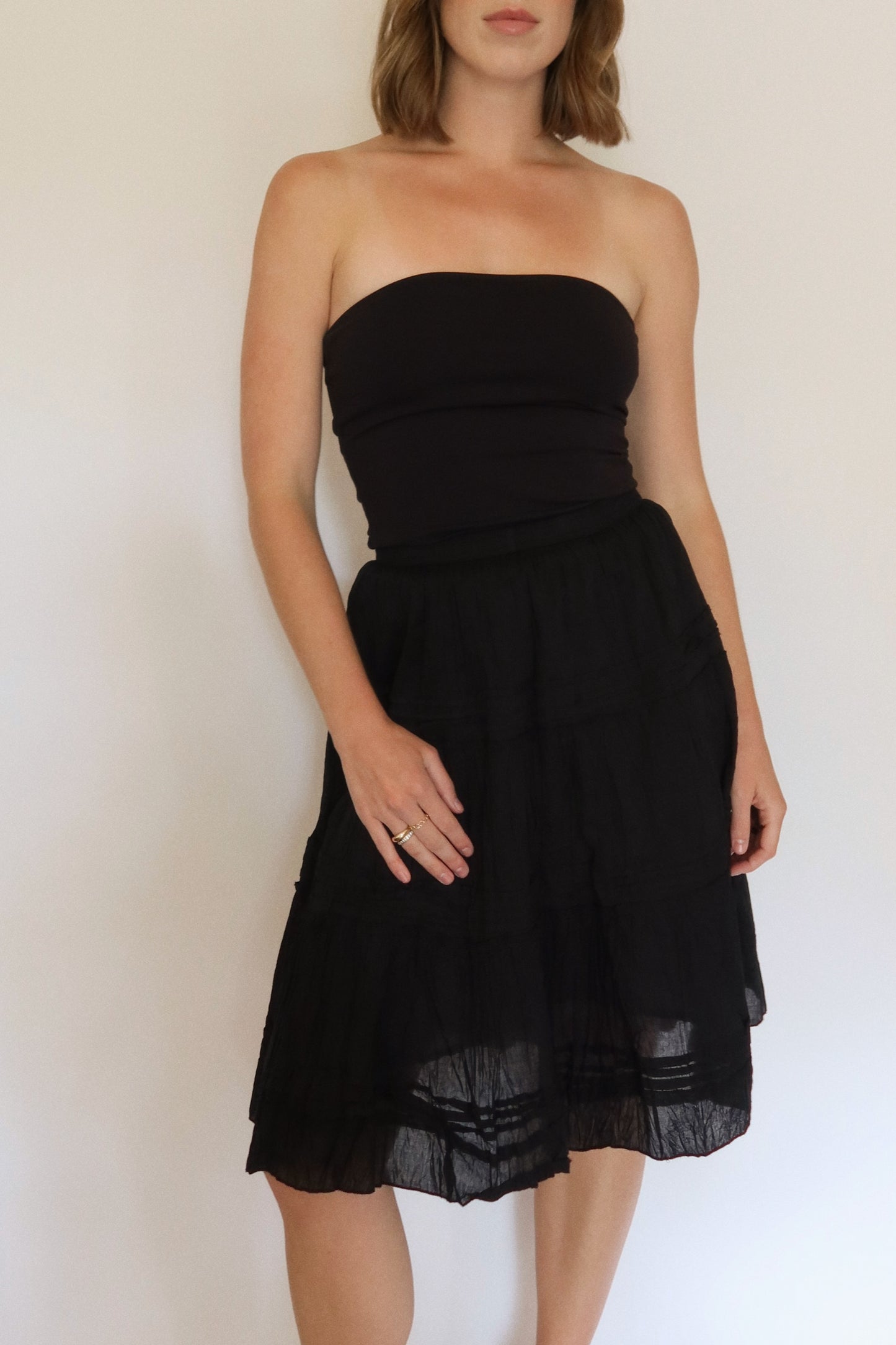 Cotton Tiered Peasant Skirt in Black