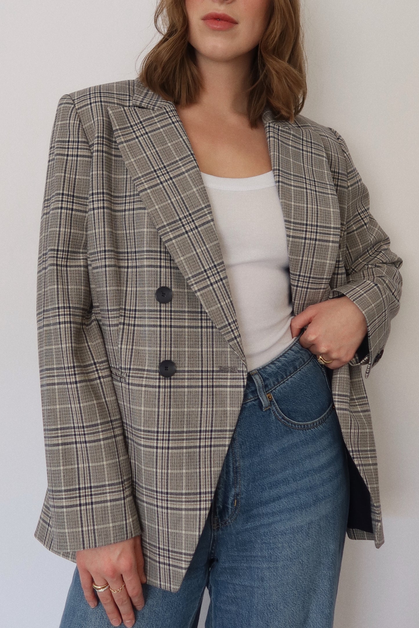 Plaid Double-Breasted Blazer in Navy