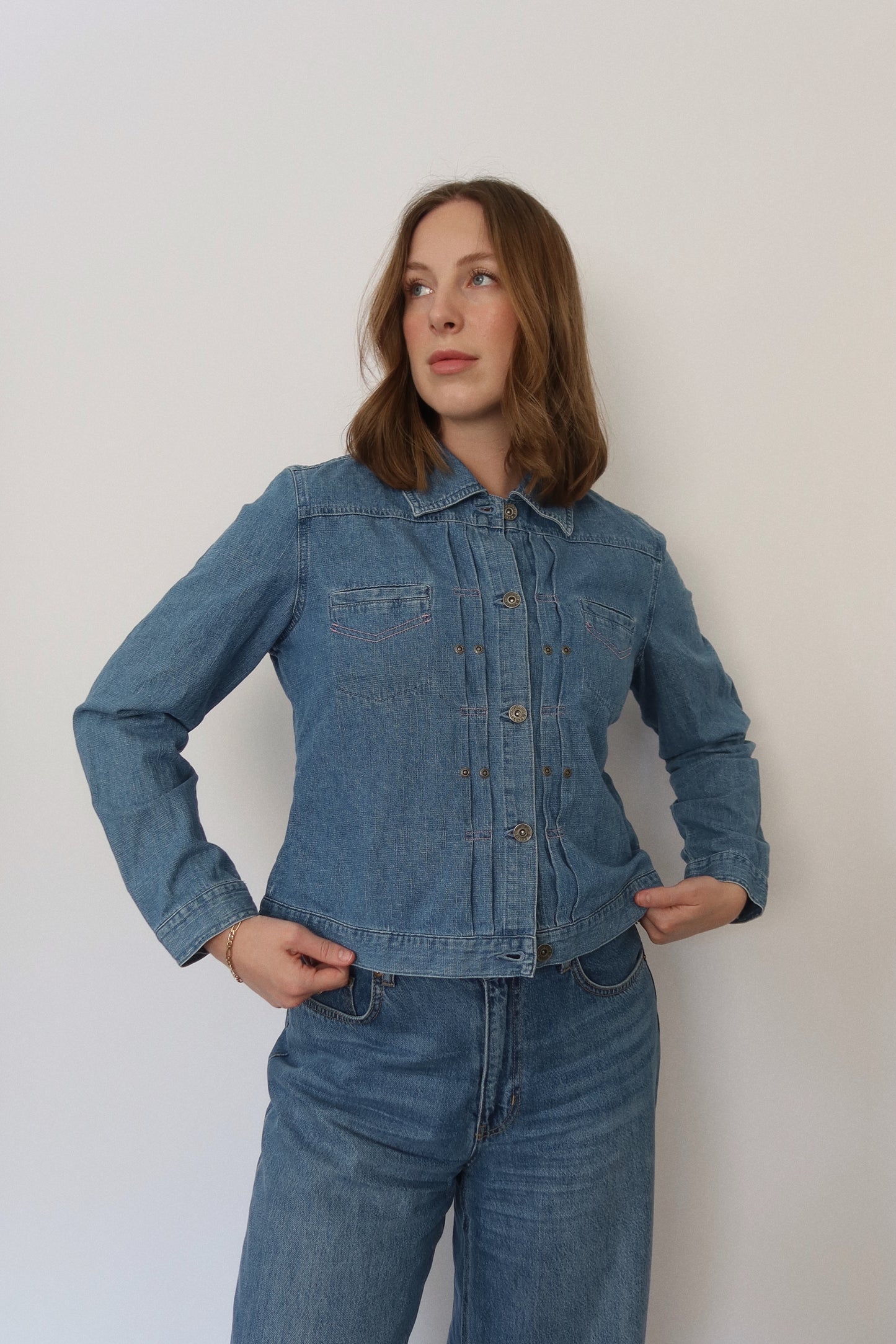 90s Cropped Western Denim Top with Pink Stitching