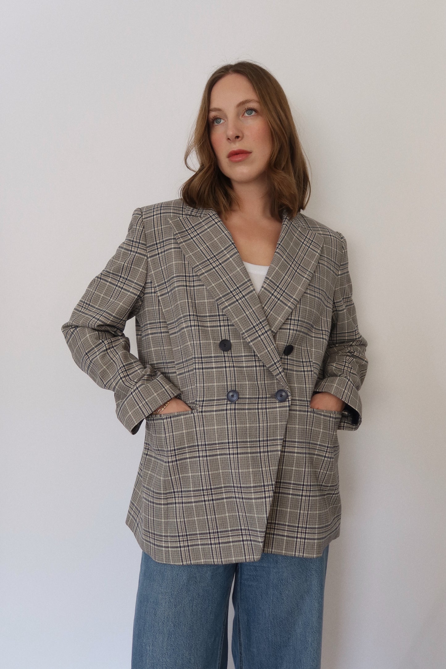 Plaid Double-Breasted Blazer in Navy