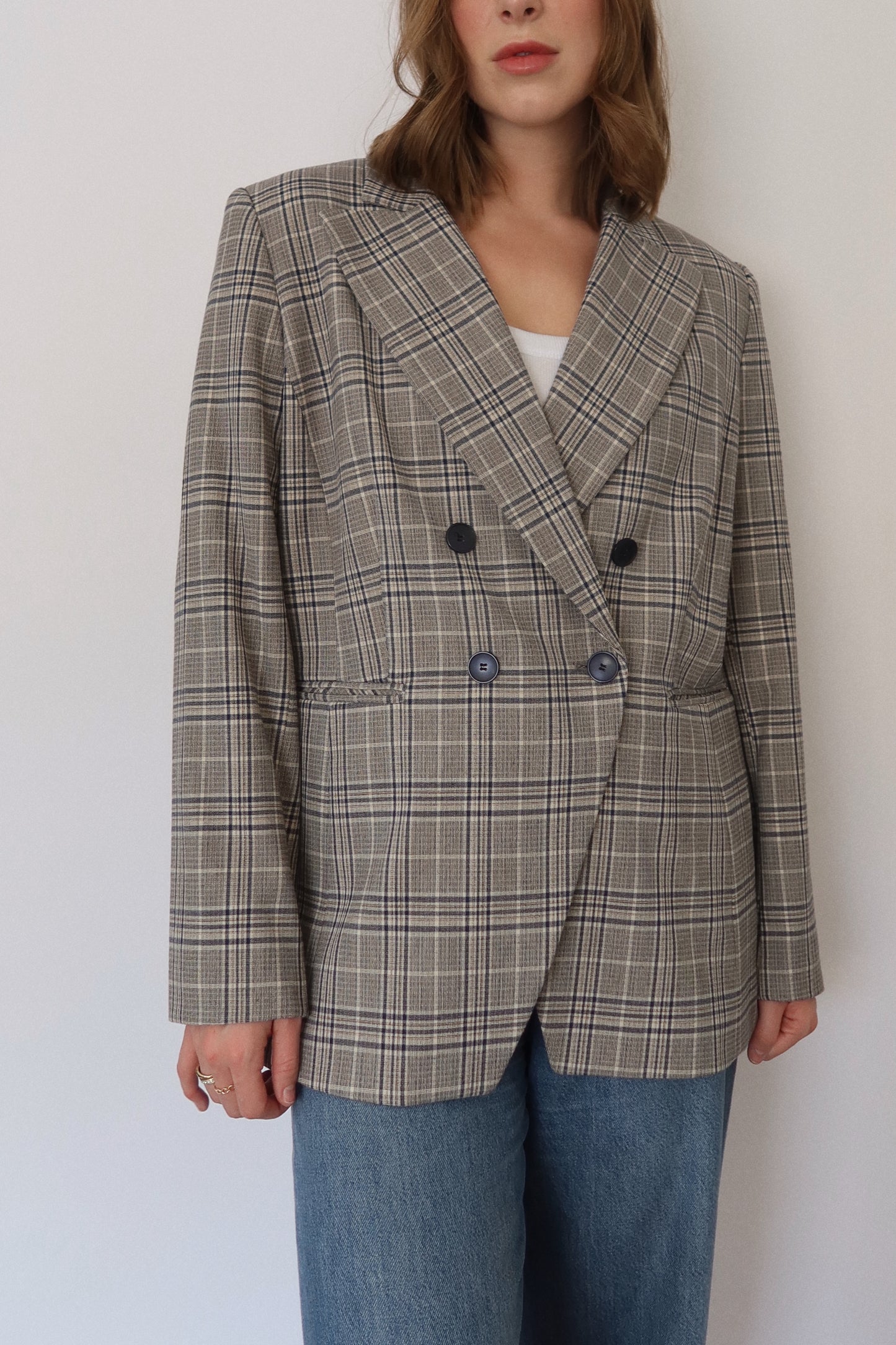 Plaid Double-Breasted Blazer in Navy