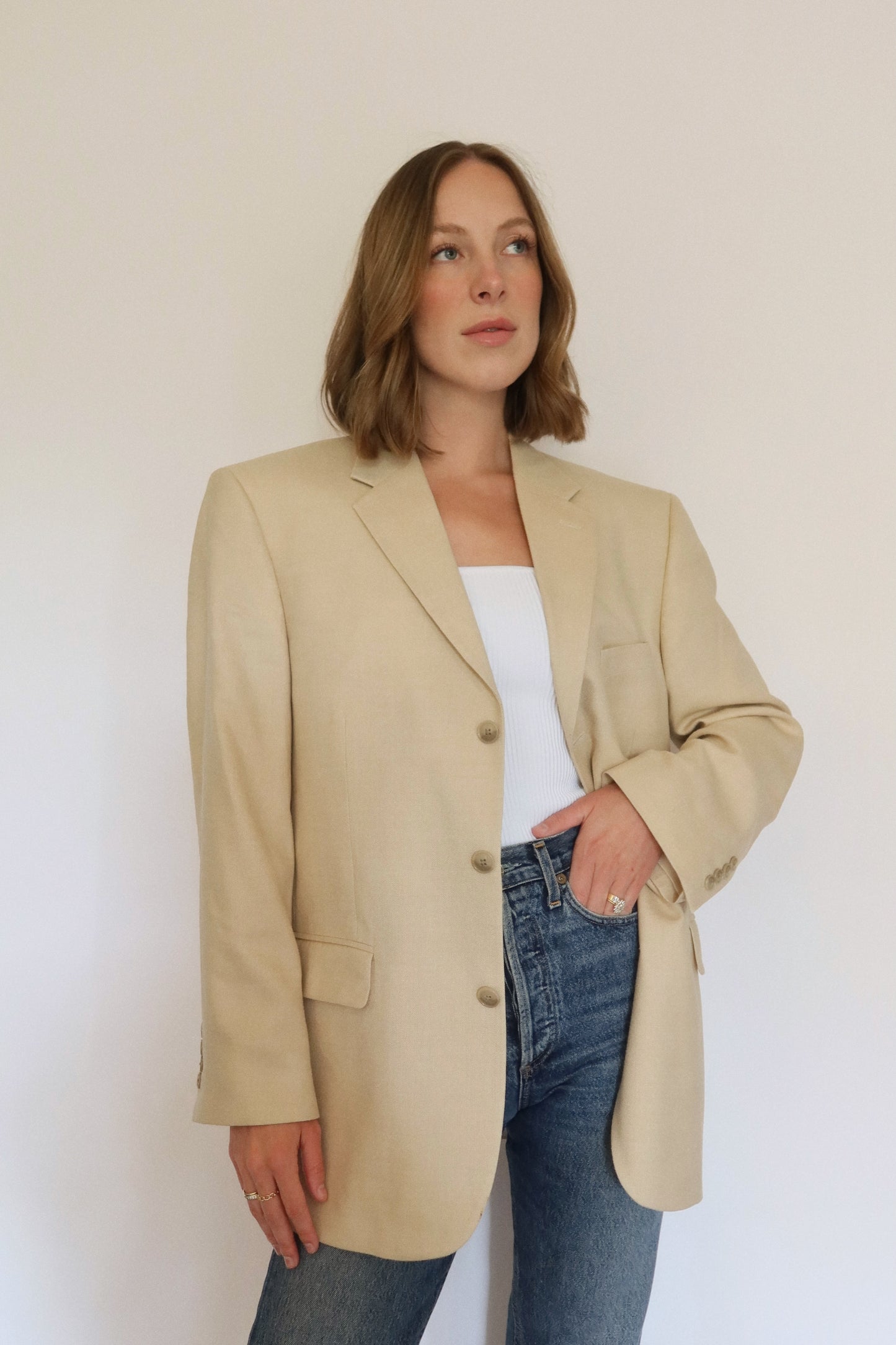 90s Silk-Wool Blend Blazer in Cream