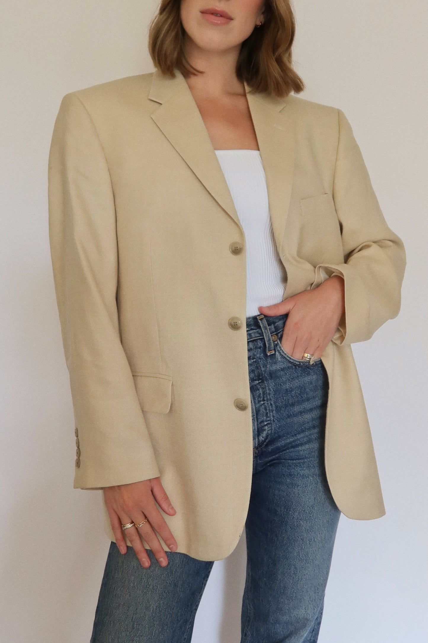 90s Silk-Wool Blend Blazer in Cream