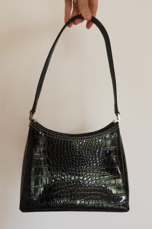 Croc Patent Shoulder Bag in Black