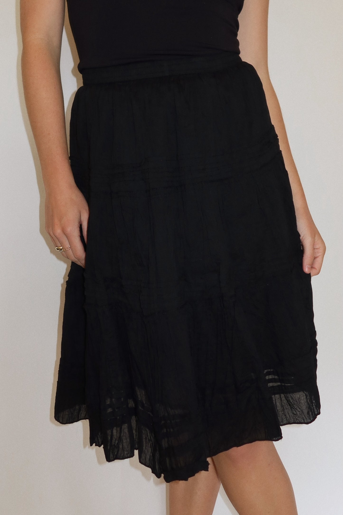 Cotton Tiered Peasant Skirt in Black