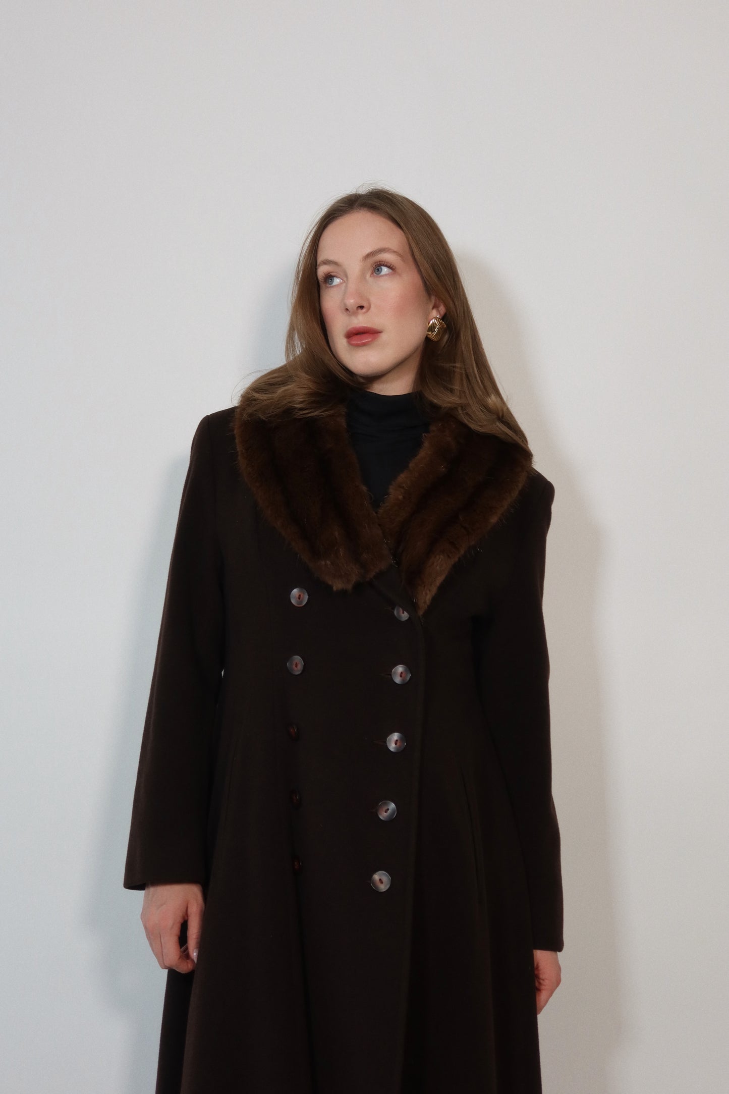 Fur Collared Cashmere Full-Length Coat in Mocha