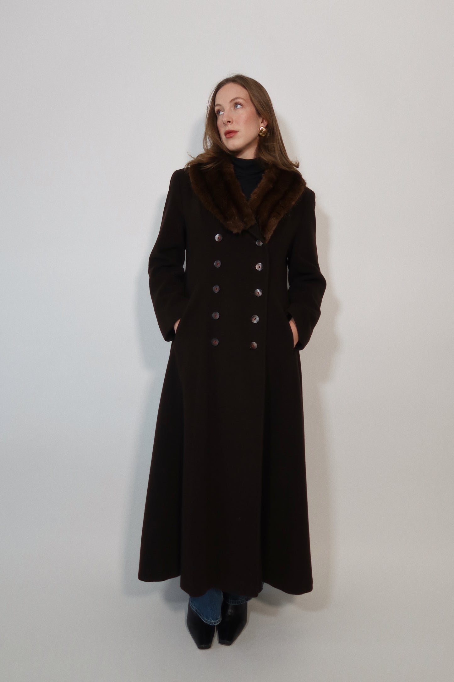 Fur Collared Cashmere Full-Length Coat in Mocha