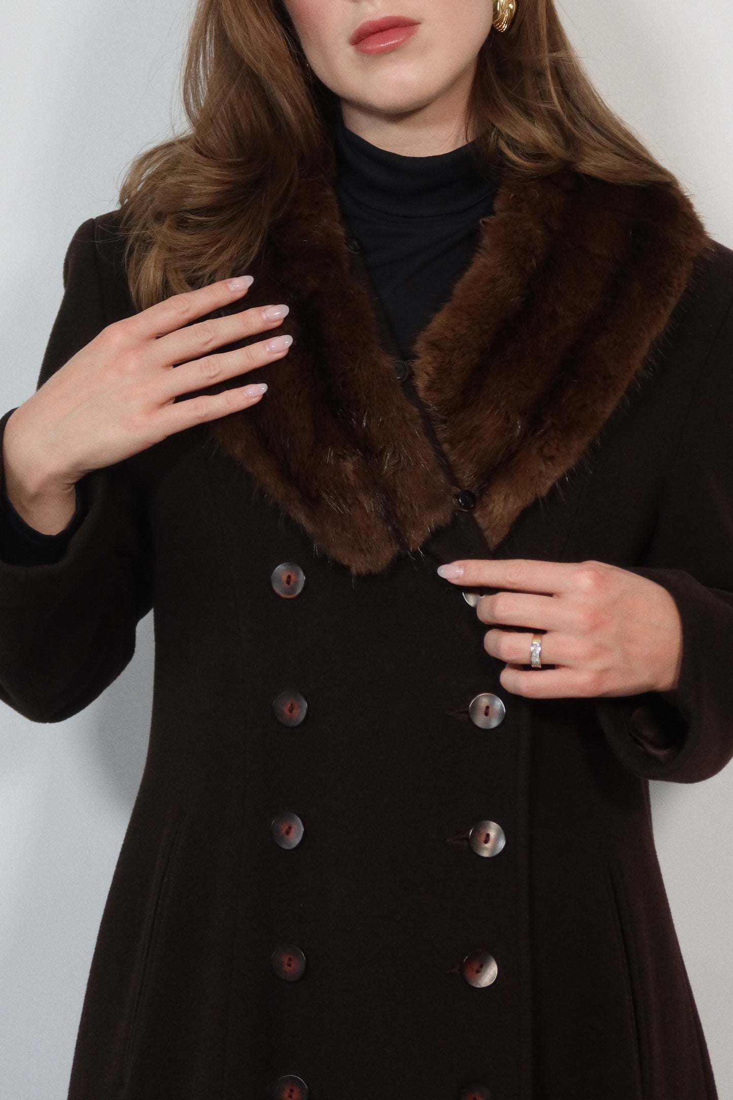 Fur Collared Cashmere Full-Length Coat in Mocha