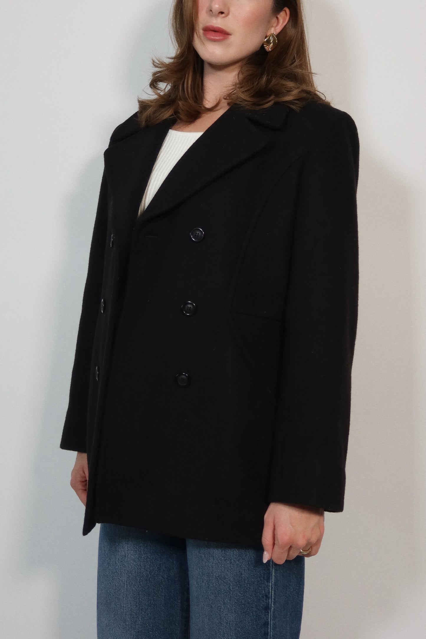 Double-Breasted Wool Peacoat in Black