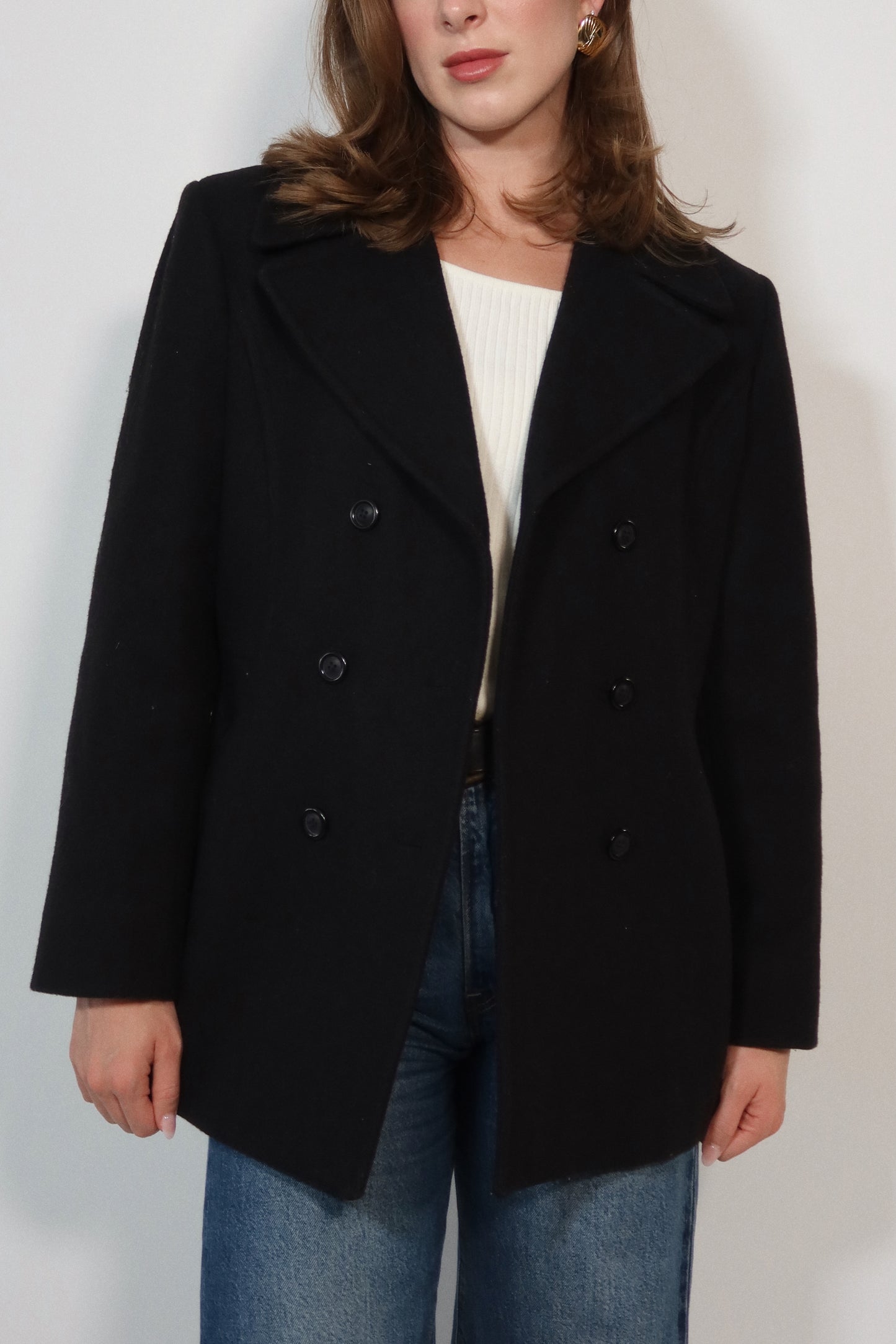 Double-Breasted Wool Peacoat in Black