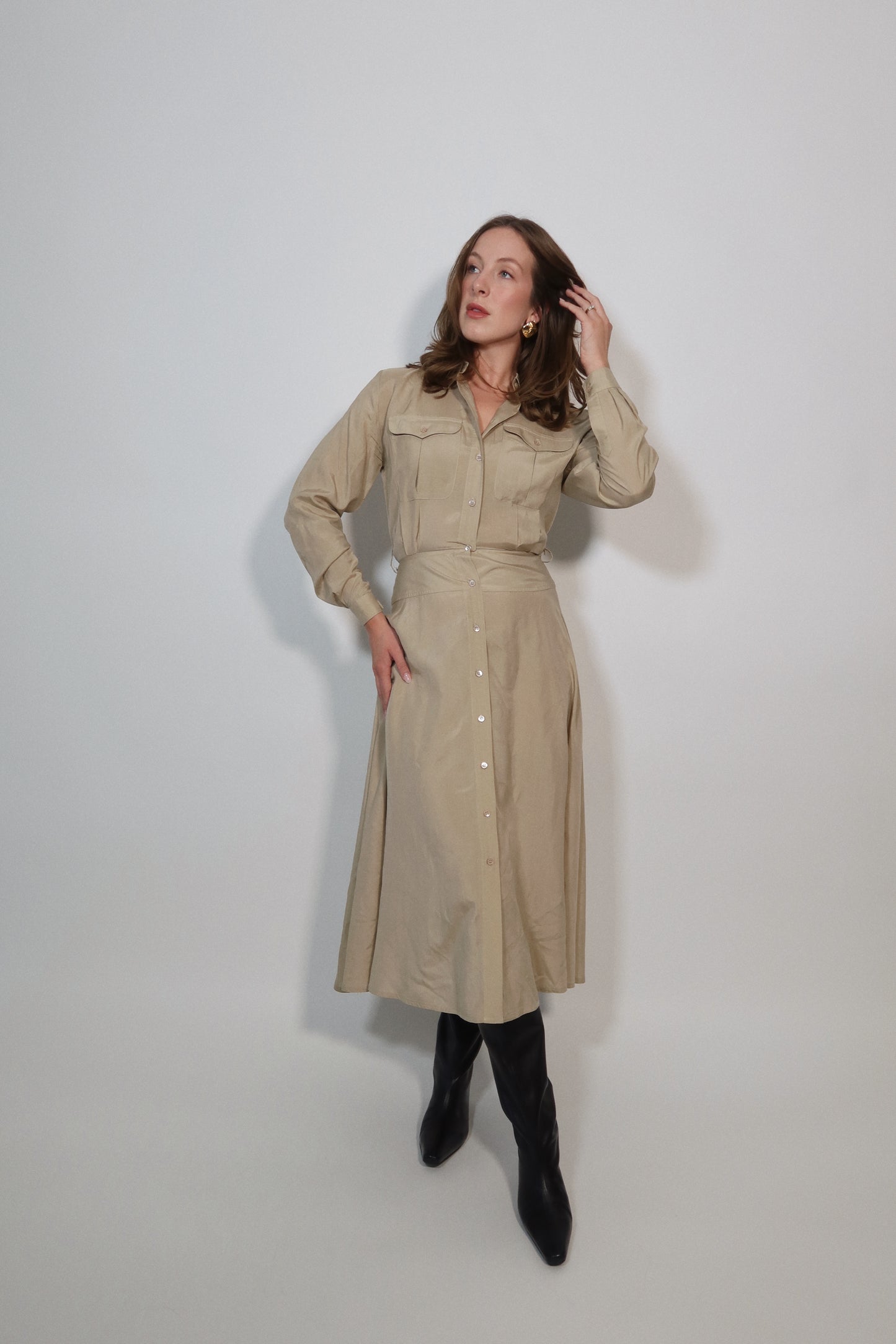 Button-Front Silk Dress in Sand