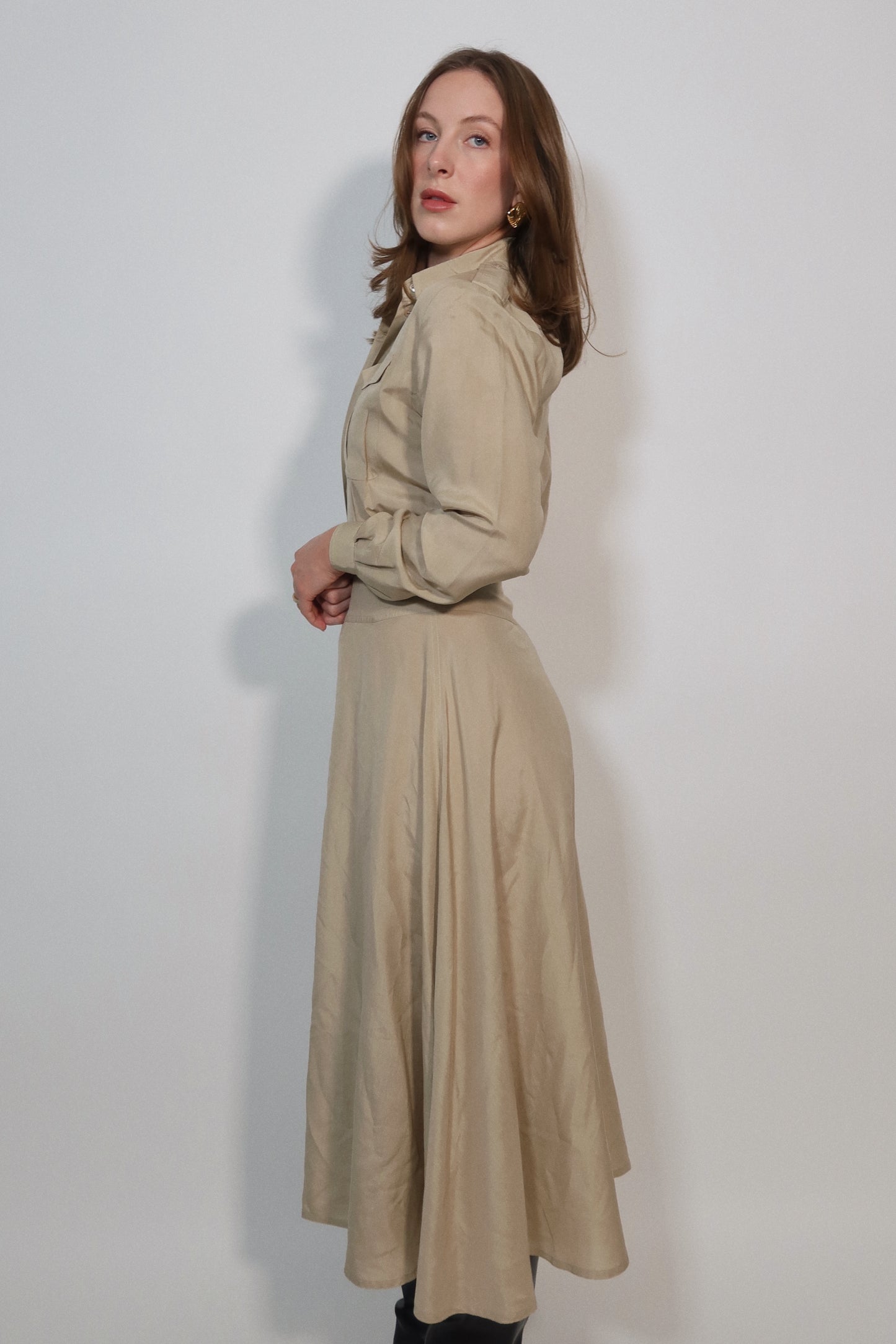 Button-Front Silk Dress in Sand