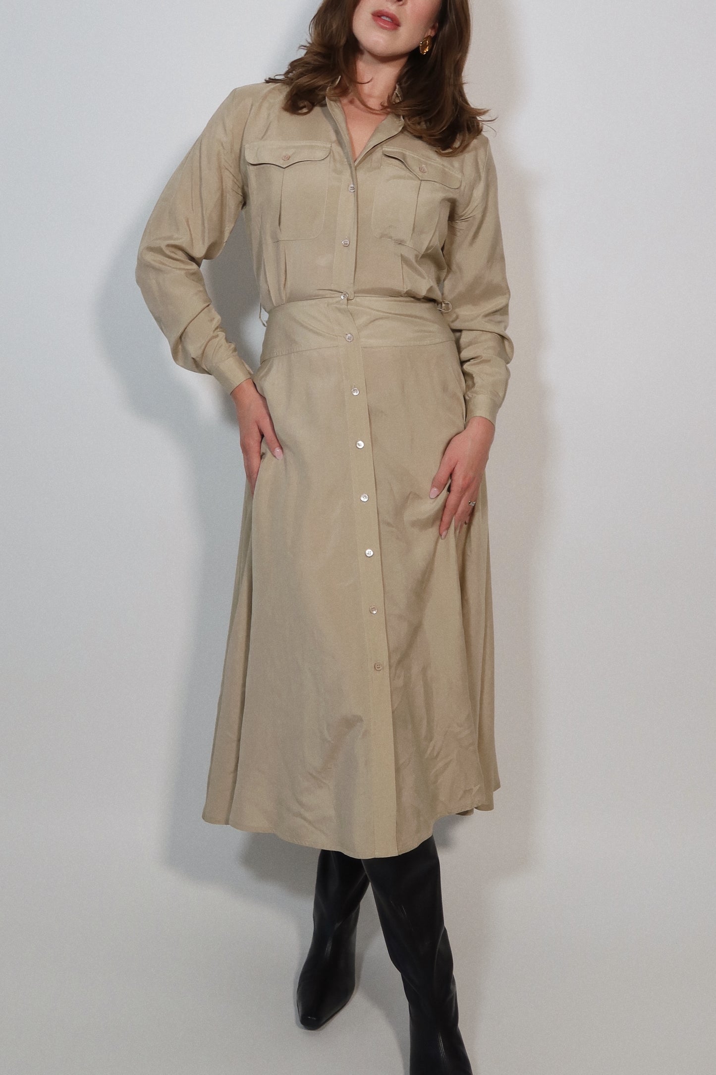 Button-Front Silk Dress in Sand