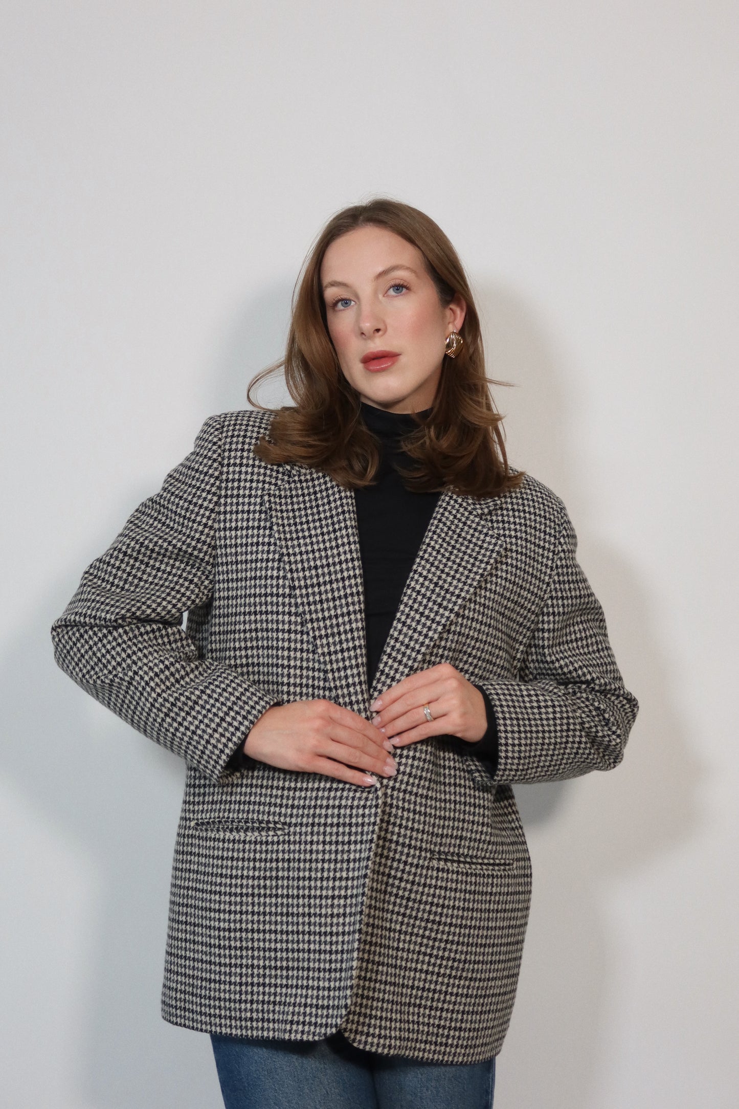 Wool Houndstooth Blazer in Black and White