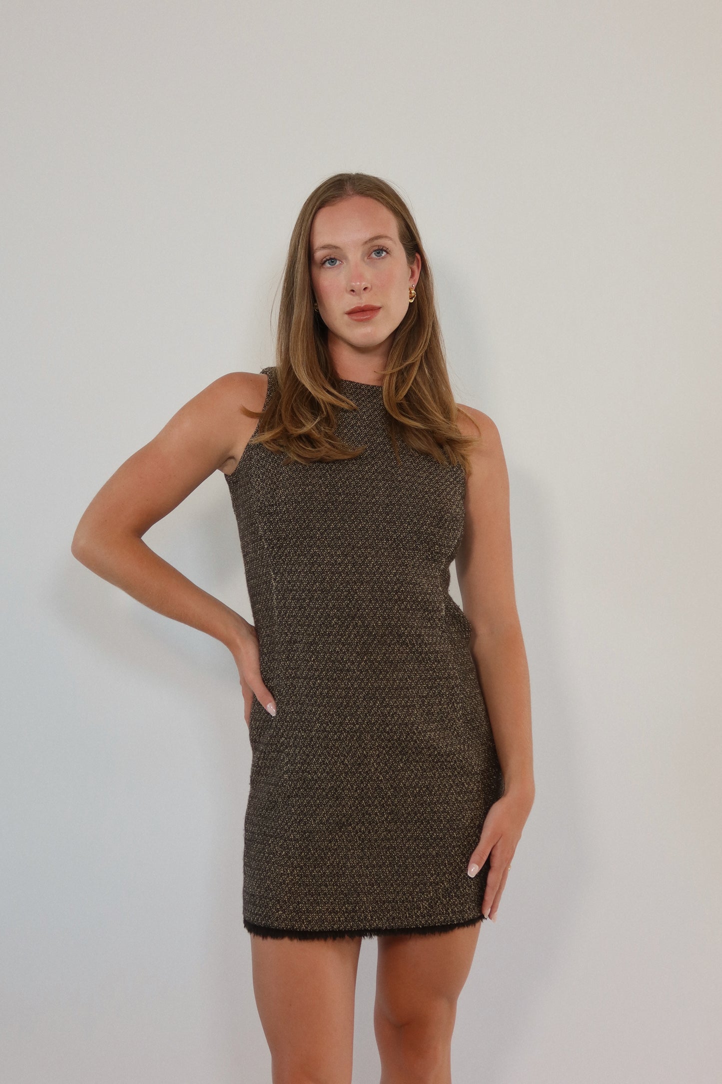 Brown Tweed Sleeveless Dress