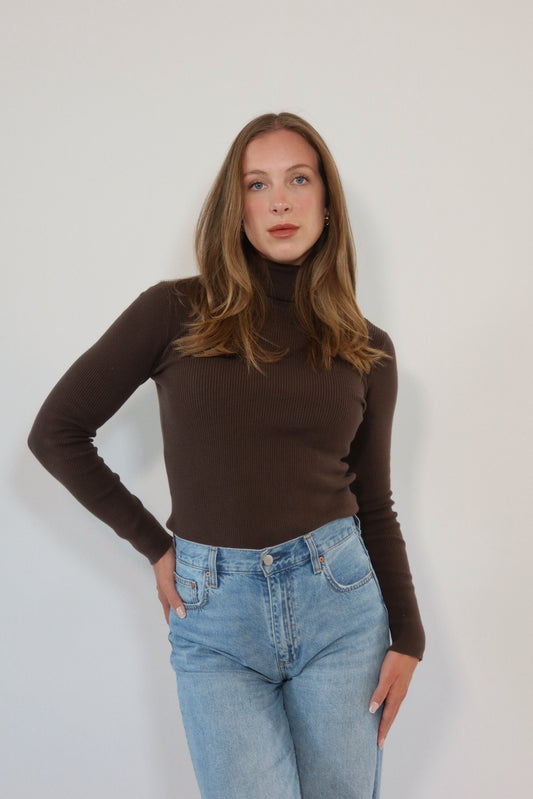 Turtleneck Long Sleeve Top in Mocha